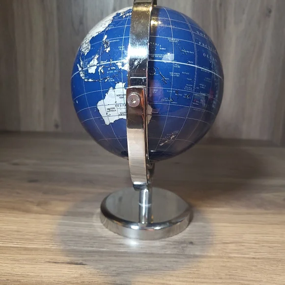 Small Rotating Globe Metal Sphere World Globe Blue Geography Desk Office Decor - Picture 4 of 9